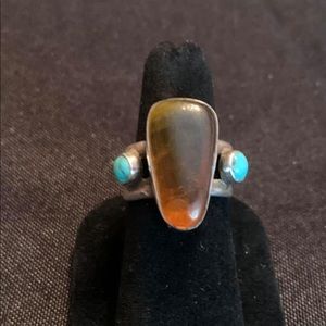 Amber and Turquoise Sterling Silver Ring